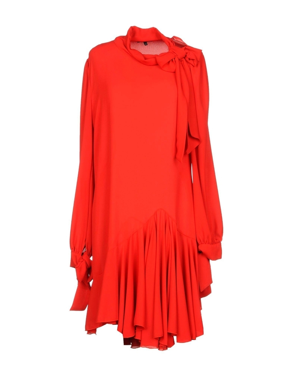Tie-Neck Red Long-Sleeve Ruffle Hem Dress